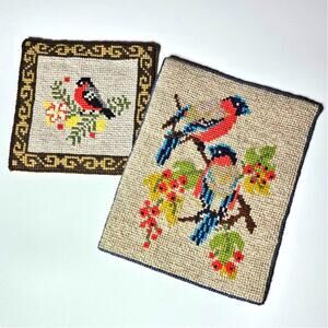 2 Vintage Swedish Tapestry Birds Bird 60s 70s Wool Embroidery Stitched